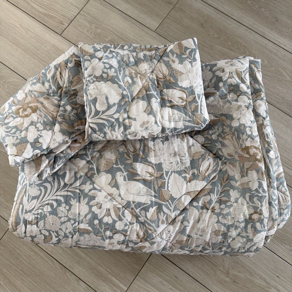Pottery Barn Mia Bird Floral Full Queen Comforter 2 Standard Shams Cottage Blue
